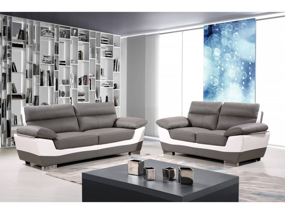 Bank gereconstrueerd leer en pvc meubel bankstel "Dallas" - 169 x 88 x 90 cm - 2 zits - Grijs / Wit