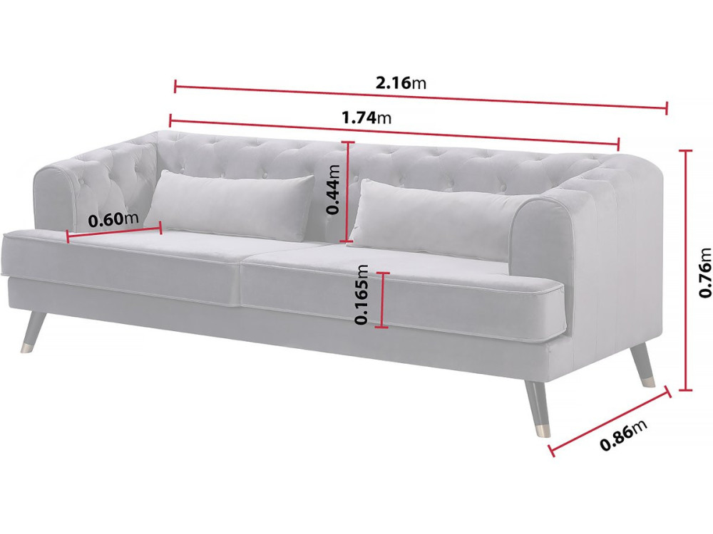 Bank bankstel meubel velours fluweel "Gloria" - 216 x 86 x 76 cm - 3 zits - Grijs