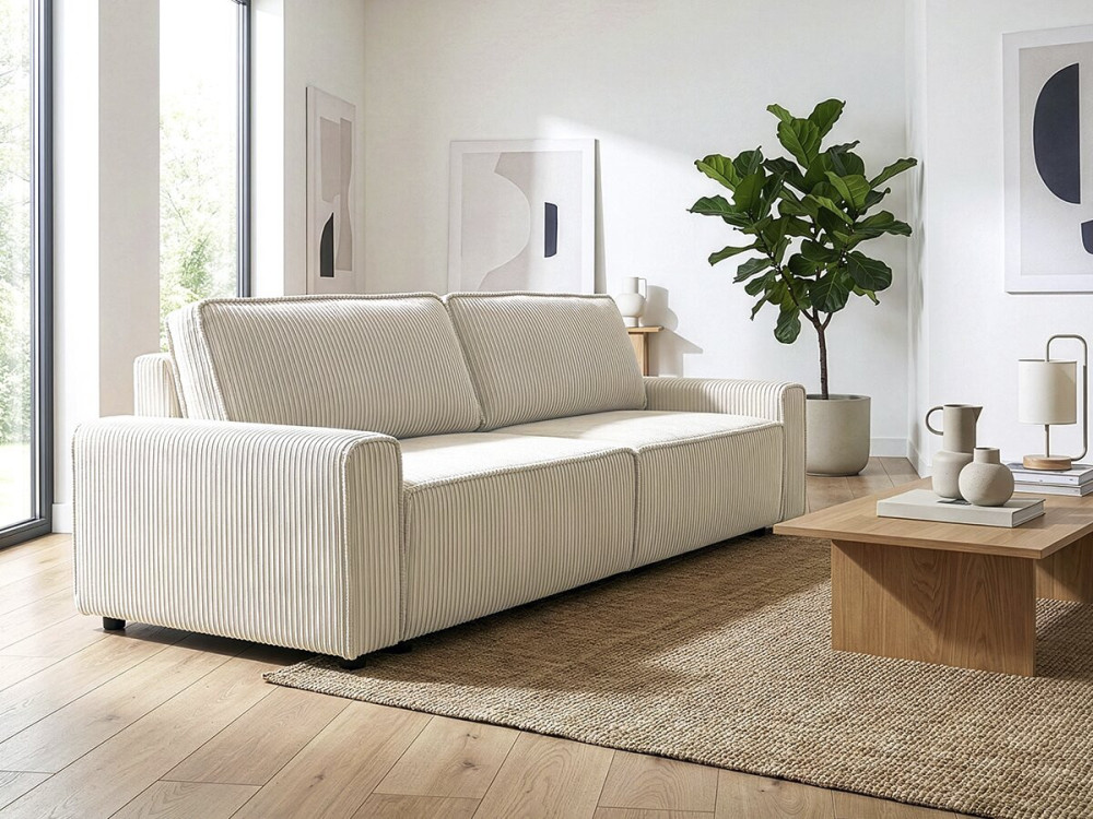 Bank 3 zits slaapbank meubel opbergruimte ribfluweel velours "Montaigne" - Beige - lichtbruin