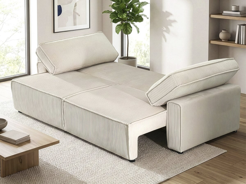 Bank 3 zits slaapbank meubel opbergruimte ribfluweel velours "Montaigne" - Beige - lichtbruin