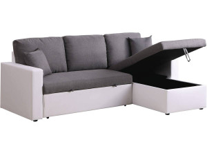 Hoekbank met opbergruimte slaapbank meubel links of rechts bank "Alain" - 221 x 145 x 85 cm - 3 zits - Grijs / Wit