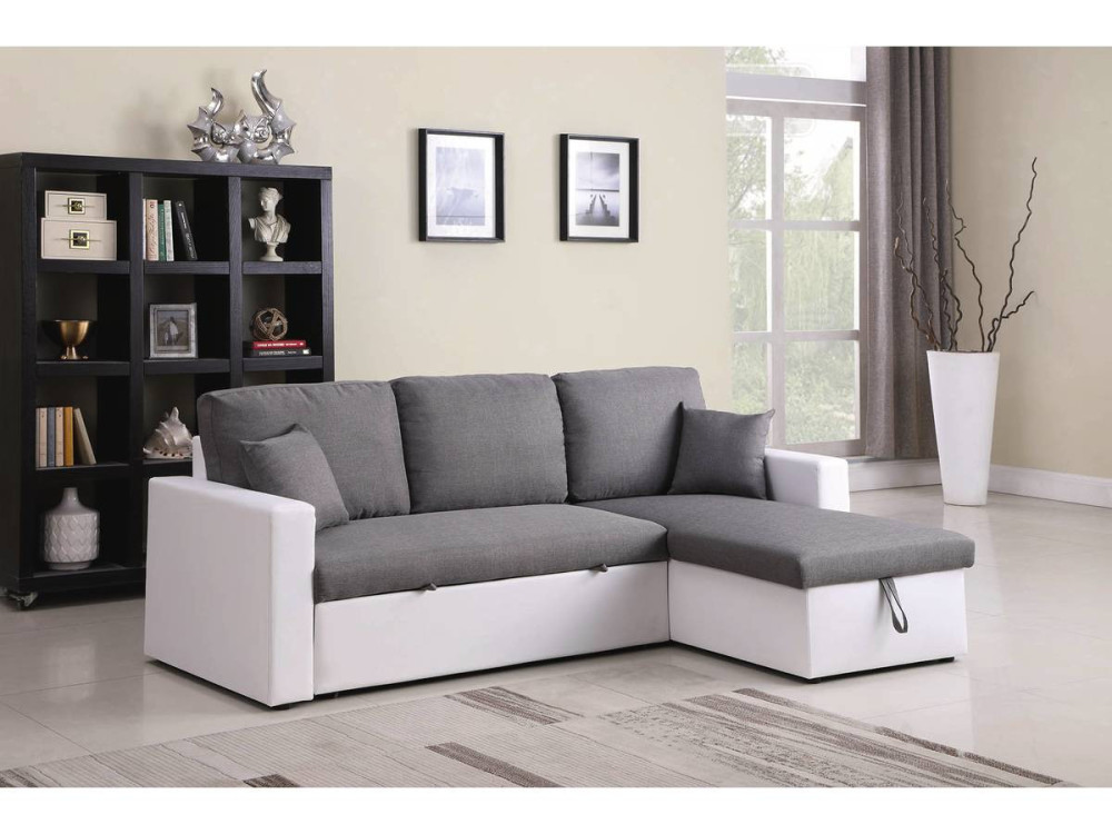 Hoekbank met opbergruimte slaapbank meubel links of rechts bank "Alain" - 221 x 145 x 85 cm - 3 zits - Grijs / Wit