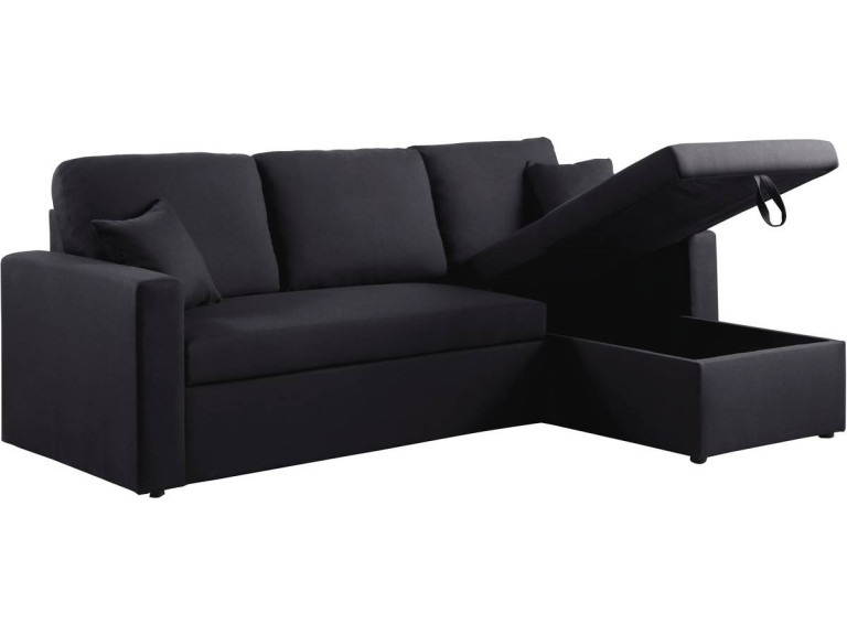 Hoekbank met opbergruimte slaapbank meubel links of rechts bank "Alain" - 221 x 145 x 85 cm - 3 zits - Zwart