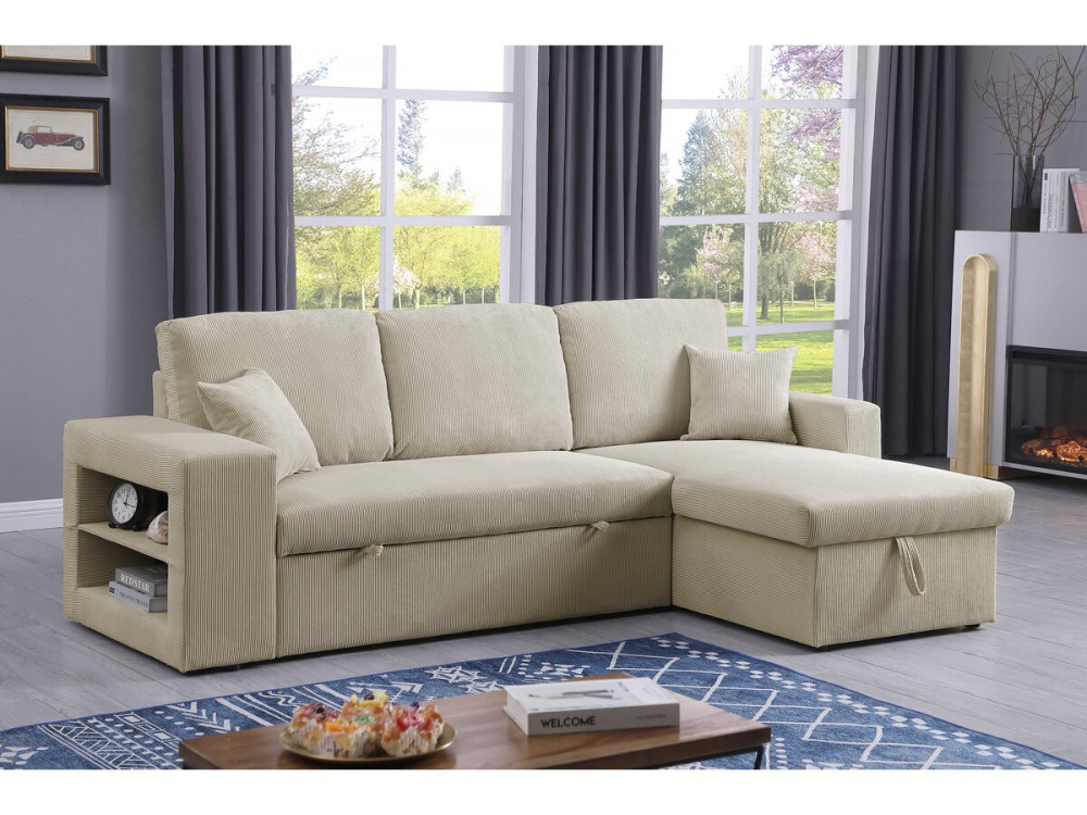 Hoekbank slaapbank meubel opbergruimte links of rechts velours ribfluweel bank "Axel" - 3 zits - Beige - lichtbruin