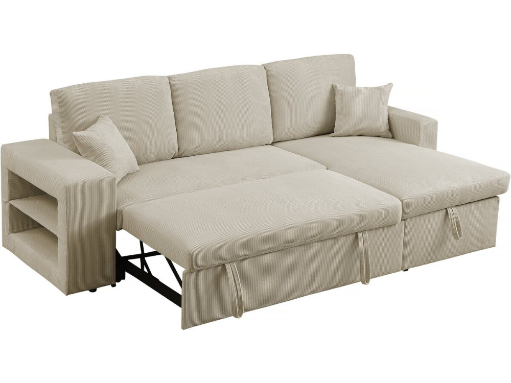 Hoekbank slaapbank meubel opbergruimte links of rechts velours ribfluweel bank "Axel" - 3 zits - Beige - lichtbruin