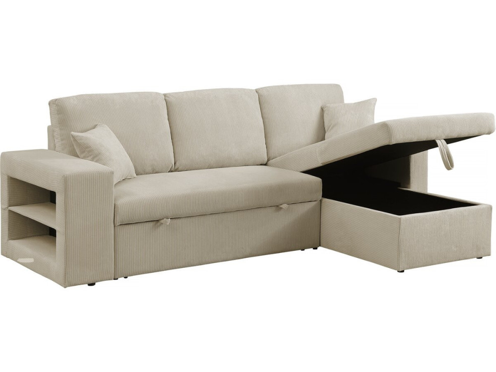 Hoekbank slaapbank meubel opbergruimte links of rechts velours ribfluweel bank "Axel" - 3 zits - Beige - lichtbruin