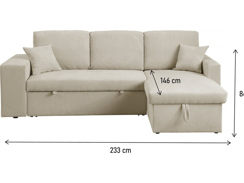 Hoekbank slaapbank meubel opbergruimte links of rechts velours ribfluweel bank "Axel" - 3 zits - Beige - lichtbruin