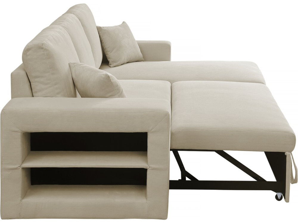 Hoekbank slaapbank meubel opbergruimte links of rechts velours ribfluweel bank "Axel" - 3 zits - Beige - lichtbruin