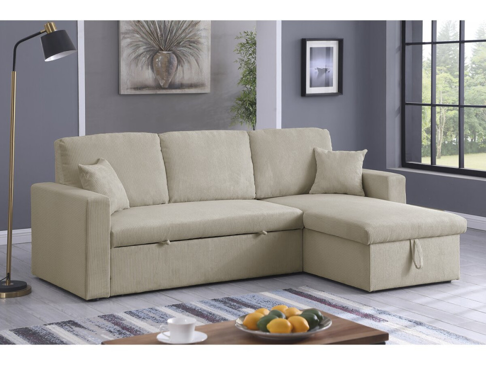 Hoekbank slaapbank meubel opbergruimte velours ribfluweel bank "Alain" - 3 zits - Beige - lichtbruin
