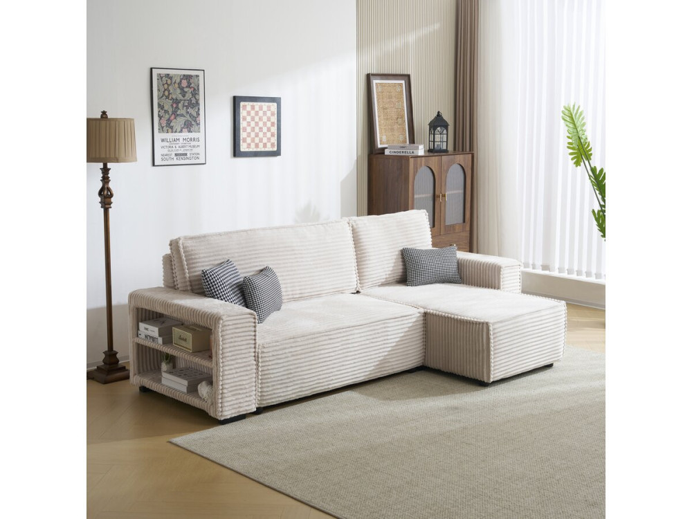 Hoekbank slaapbank meubel bank opbergruimte links rechts ribfluweel velours "Opera" - 3 zits - Beige - lichtbruin