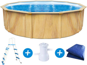Zwembad metaal rond opbouw hout look "Punta cana" - Ø 360 x 120 cm