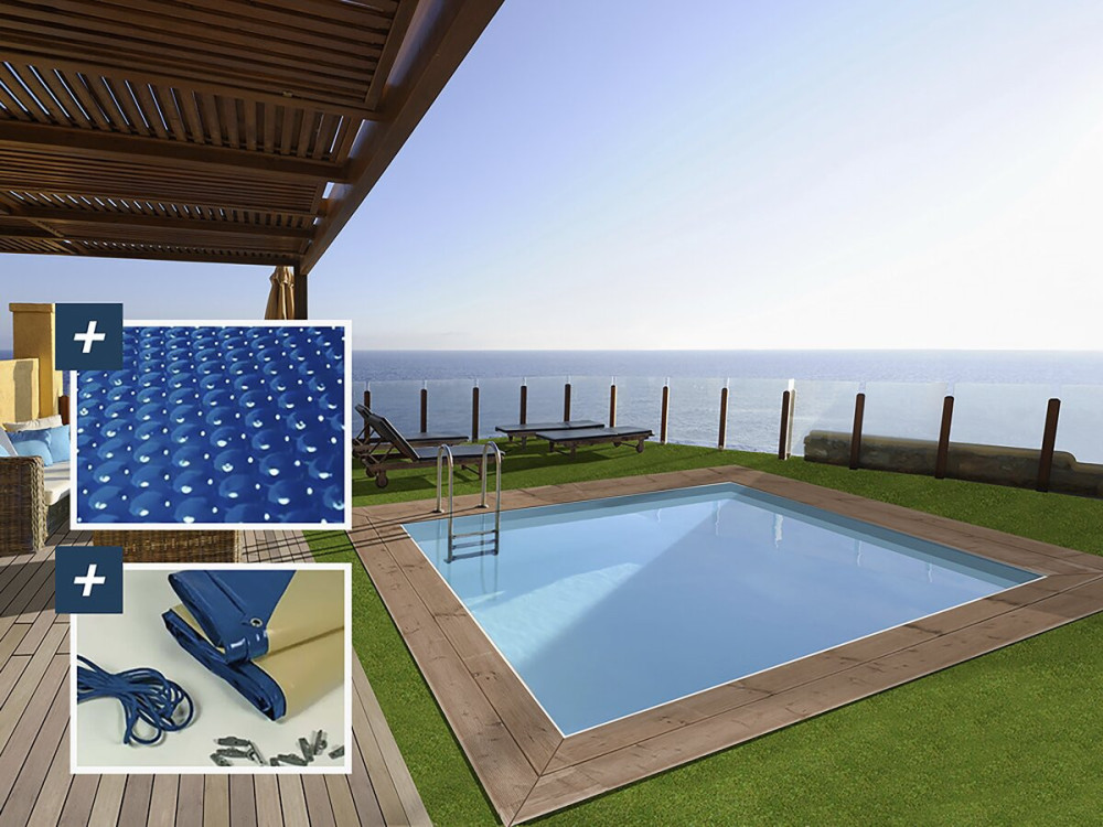Rechthoekig houten zwembad "Maldives" - 3,20 x 3,20 x 1,24 m + 180 µ bubbelfolie - 280 g/m² winterafdekking