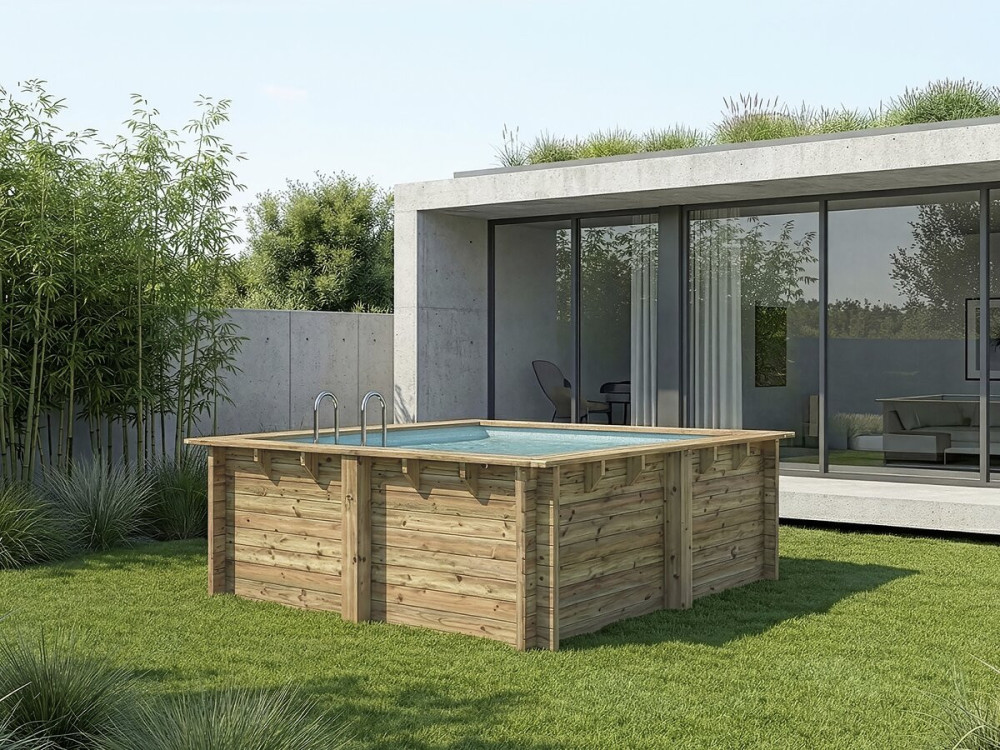 Rechthoekig houten zwembad "Maldives" - 3,20 x 3,20 x 1,24 m + 180 µ bubbelfolie - 280 g/m² winterafdekking