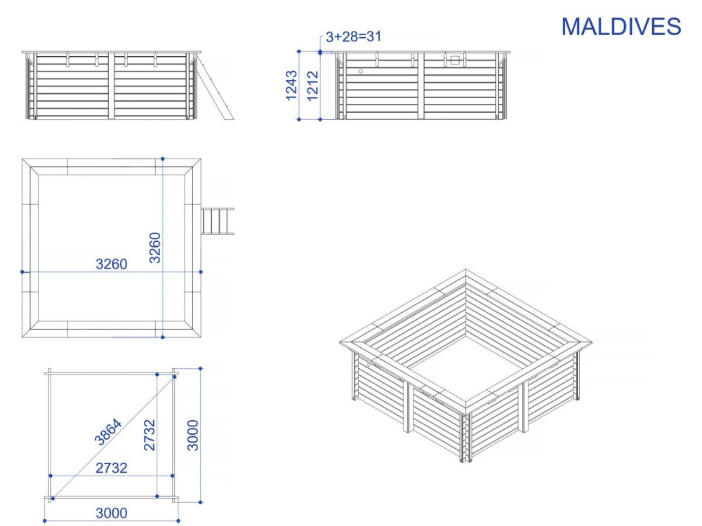Rechthoekig houten zwembad "Maldives" - 3,20 x 3,20 x 1,24 m + 180 µ bubbelfolie - 280 g/m² winterafdekking
