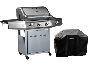 Gas BBQ gasbarbecue barbecue "Bingo 4" - 4 branders waarvan 1 zijbrander - 14 kW + beschermhoes - Zilver