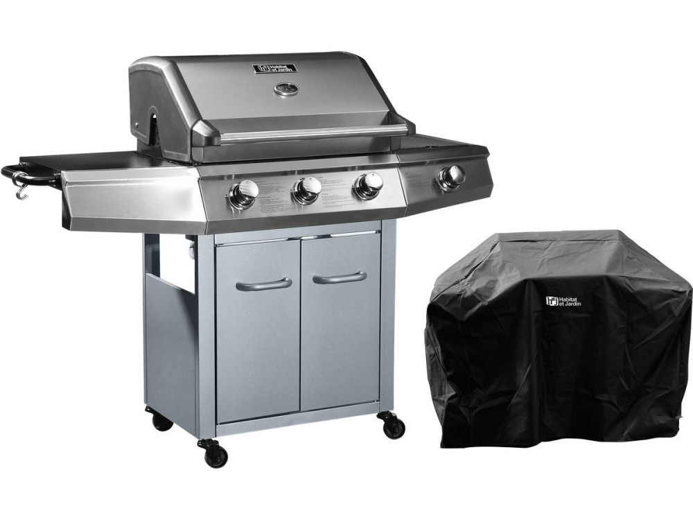 Gas BBQ gasbarbecue barbecue "Bingo 4" - 4 branders waarvan 1 zijbrander - 14 kW + beschermhoes - Zilver