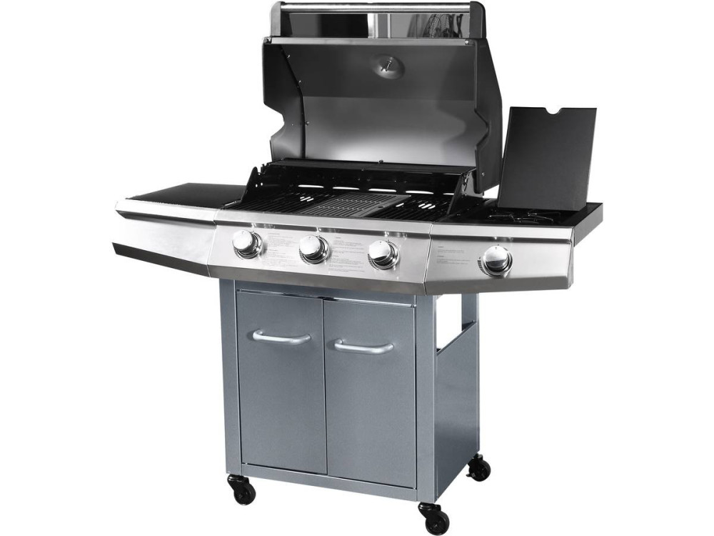 Gas BBQ gasbarbecue barbecue "Bingo 4" - 4 branders waarvan 1 zijbrander - 14 kW + beschermhoes - Zilver