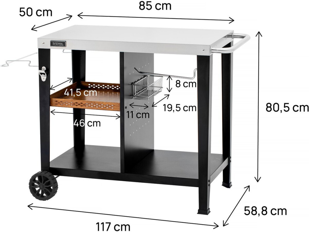 BBQ trolley outdoor barbecue "Gelia" 117 x 59 cm - Roestvrijstaal - Zwart