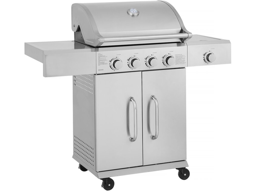 Roestvaststalen gasbarbecue met 5 branders inclusief 1 "Brazzo" zijbrander - 118 x 57 x 104 cm - Lichtgrijs