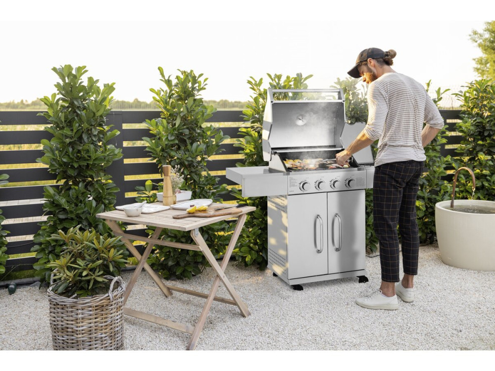 Roestvaststalen gasbarbecue met 5 branders inclusief 1 "Brazzo" zijbrander - 118 x 57 x 104 cm - Lichtgrijs