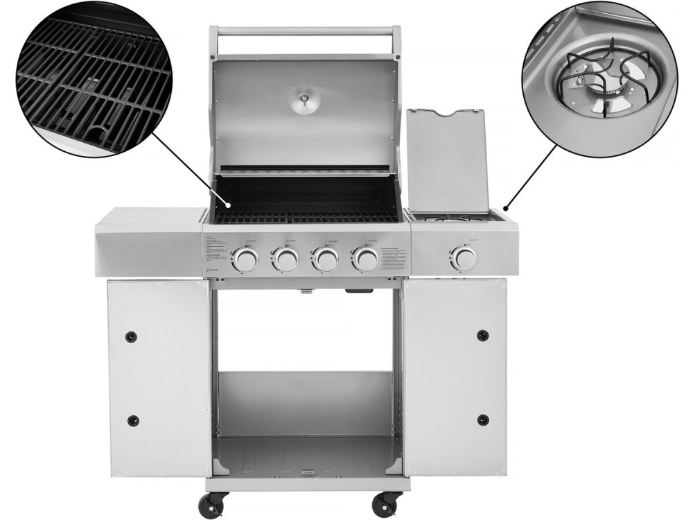 Roestvaststalen gasbarbecue met 5 branders inclusief 1 "Brazzo" zijbrander - 118 x 57 x 104 cm - Lichtgrijs