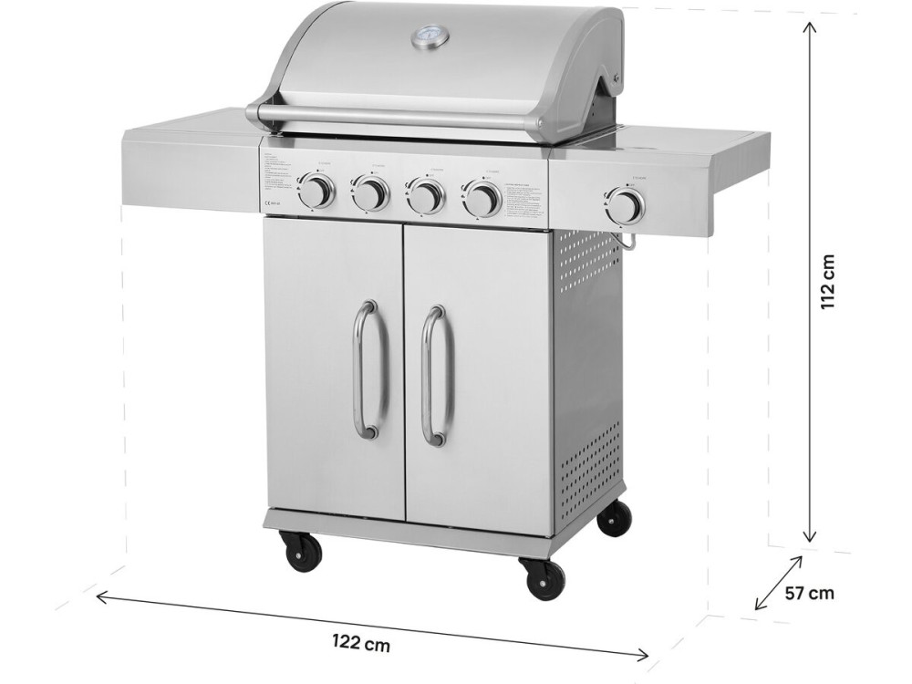 Roestvaststalen gasbarbecue met 5 branders inclusief 1 "Brazzo" zijbrander - 118 x 57 x 104 cm - Lichtgrijs