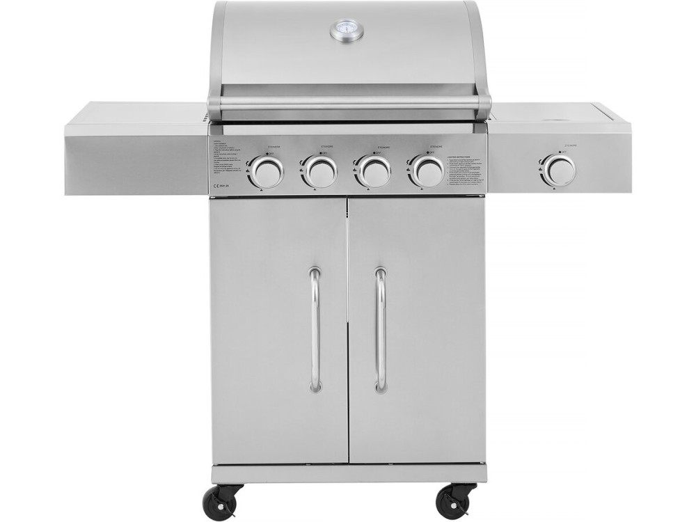 Roestvaststalen gasbarbecue met 5 branders inclusief 1 "Brazzo" zijbrander - 118 x 57 x 104 cm - Lichtgrijs