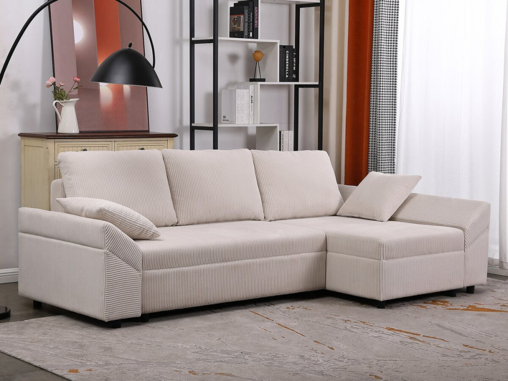 Hoekbank slaapbank meubel bank opbergruimte links rechts ribfluweel velours "Vaugirard II" - 3 zits - Beige - lichtbruin